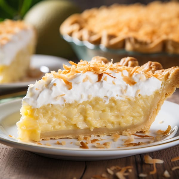 A slice of coconut cream pie with whipped topping and toasted coconut flakes on a white plate.