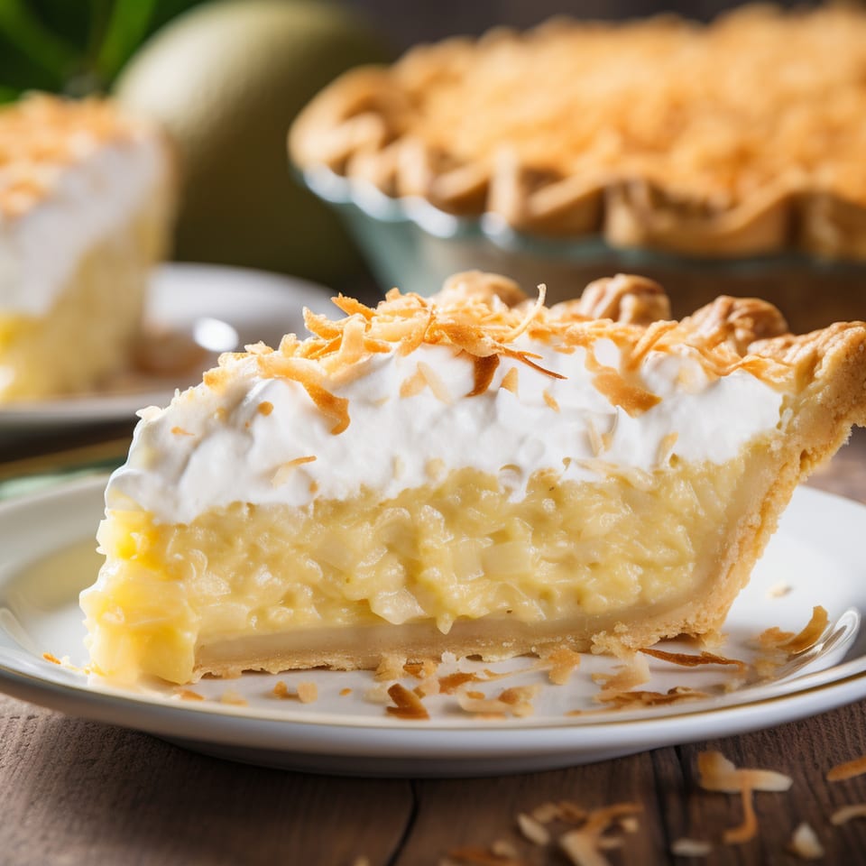 A slice of coconut cream pie with whipped topping and toasted coconut flakes on a white plate.