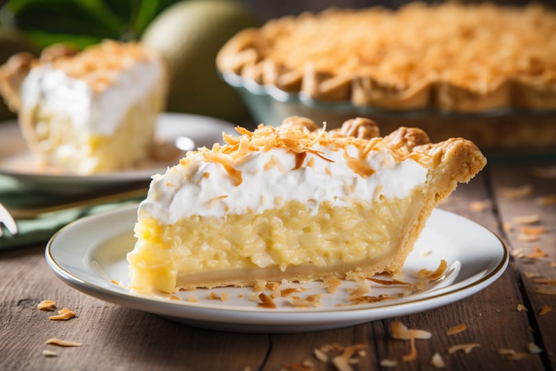 A slice of coconut cream pie with whipped topping and toasted coconut flakes on a white plate.