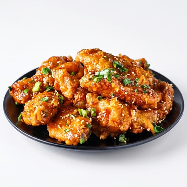 A black plate piled high with golden-brown chicken wings, glazed with sauce, sesame seeds, and green onions.
