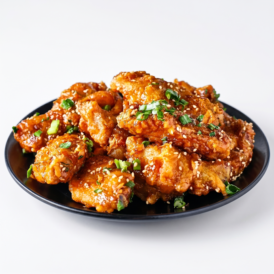 A black plate piled high with golden-brown chicken wings, glazed with sauce, sesame seeds, and green onions.